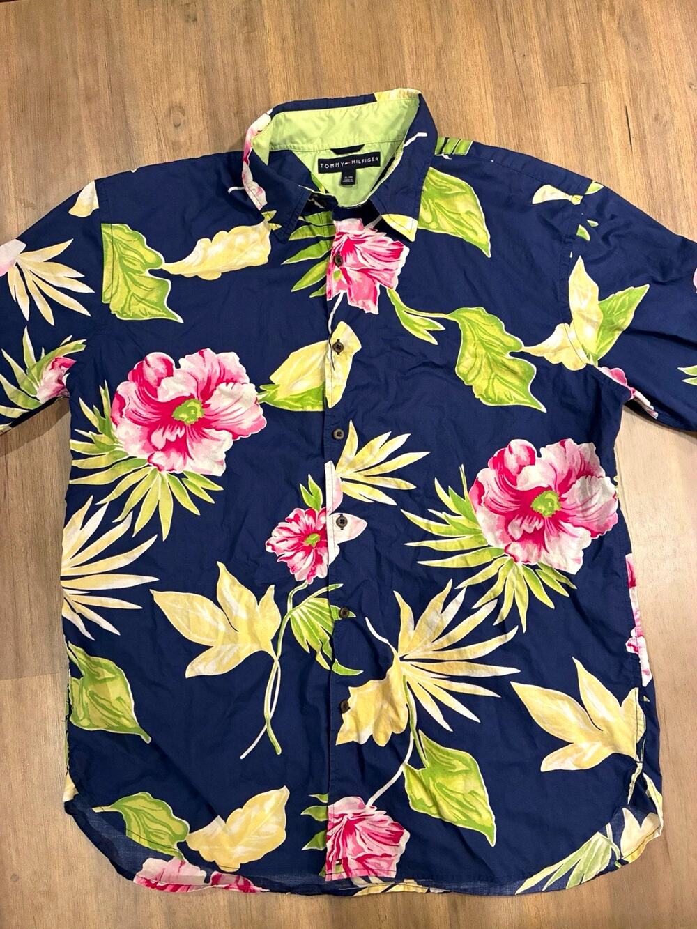 Tommy Hilfiger Men’s XL Cotton Woven Blue Floral Hawaiian Button-Up Shirt
